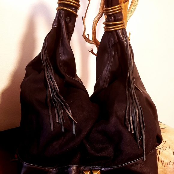 LIVE on SUNSET Blk. Linen/ Leather XL HoBo w/ Studs Bag-NEW - Picture 3 of 13